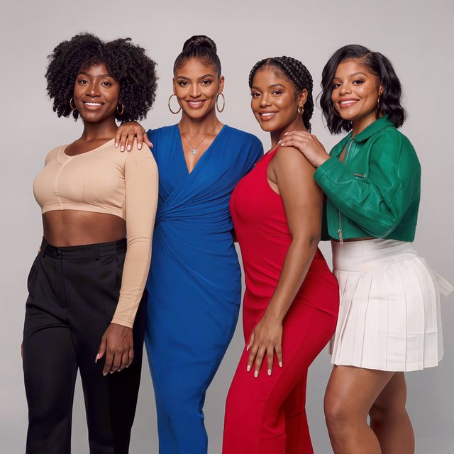 Realistic image of four women standing near each other. All are wearing fitted outfits. All are slim but still curvy Black women. Each woman has a unique, pretty face, and they all look different from one another. Full-body image. Plain background. — Model 7