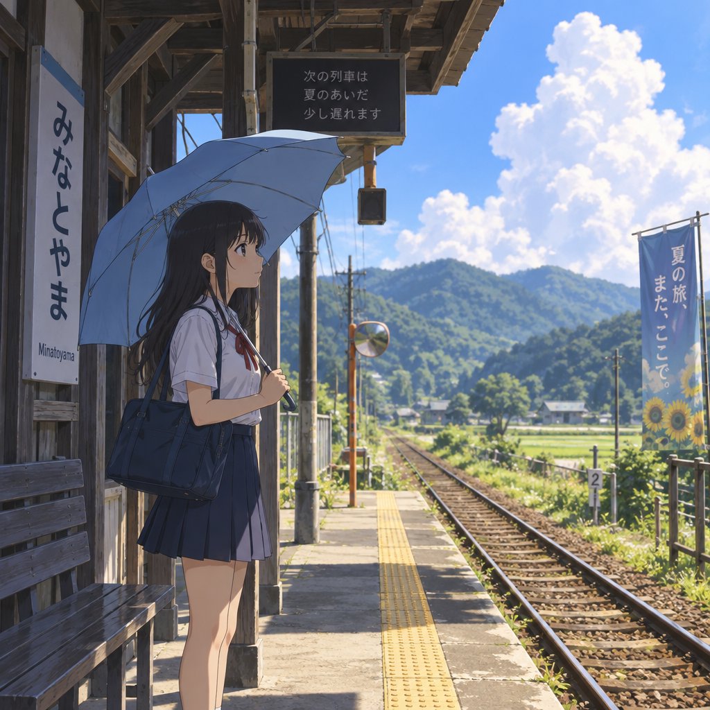 Anime-style illustration of a girl with a blue umbrella waiting at a rural train station in summer, cicadas implied by heat haze, cel shading. — GPT Image 2.5 Sunburst