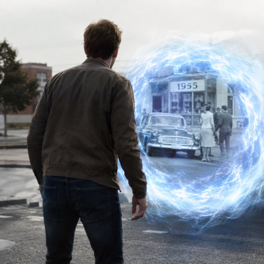 Realistic, an adult person goes back in time to change something. — GPT Image 2.5 Sunburst