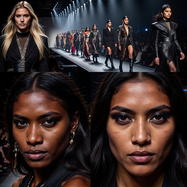 Adult female fashion models on the runway. There are models of all races: white, Black, Asian, Mexican, Indian, mixed race, etc. The vibe is cool and fierce. Many angles. — ImagineArt 1.5 Pro
