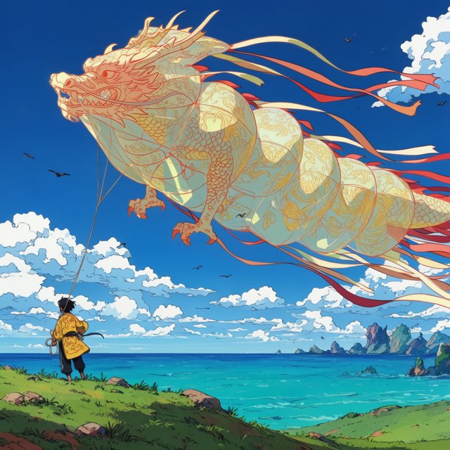 Cel-shaded anime illustration of an adult kite maker testing a vast translucent dragon-shaped kite on a windy coastal bluff, ribbons streaming above wild grasses and distant cliffs. Palette of coral, turquoise, butter yellow, and deep blue, with clean contours and a luminous sky. — Krea 2 Large