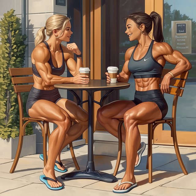 Two muscular adult women in their twenties, one Caucasian blonde and one Latina, sit at an outdoor café table beside a gym after their workout. They wear tight workout shorts, sports bras, and flip-flops. — Midjourney Niji 7