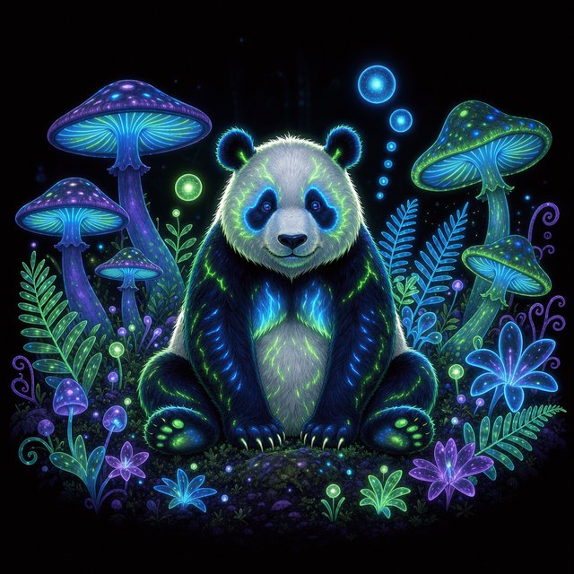 A bioluminescent panda bear, its fur patterns glowing with neon blues and vibrant greens, sits peacefully amidst a grove of luminous, alien flora. Giant, pulsing mushrooms and floating orbs of light create an otherworldly ambiance. The background fades into an inky blackness, making the glowing elements pop. Style: Sci-fi fantasy illustration with sharp, defined lines and glowing contrasts, drawing inspiration from futuristic concept art. — FLUX 3 Image