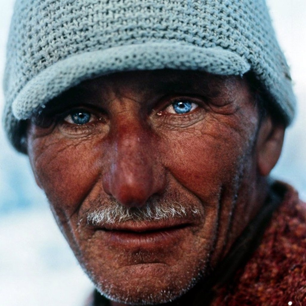 Close-up portrait of an elderly fisherman with deep wrinkles and a knitted cap, catchlights in the eyes, weathered skin texture, soft window light. — Krea 2 Large