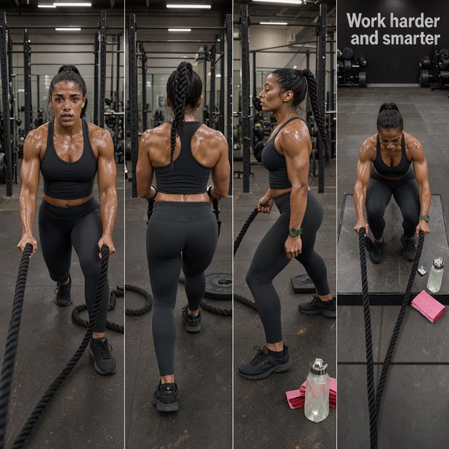 A pretty adult mixed-race woman of Korean and Black heritage, wearing fitted gym wear. Scene: a heavy workout with sweat. POV: full front, back, side, and aerial views. Near her are a unique-looking water bottle, a diamond green watch, a pink and red towel, and text in the background that says “Work harder and smarter”. — Model 2