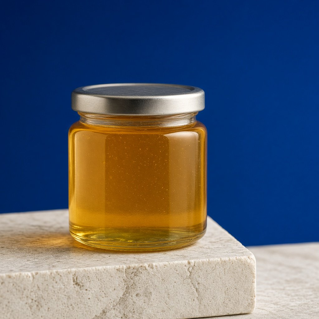 A squat unbranded honey jar with clear glass walls and a plain brushed-aluminum lid rests on honed pale limestone; broad diffused key light and warm rim light shape the commercial product image against a seamless cobalt-blue background, with no lettering. — Grok Imagine Image 2