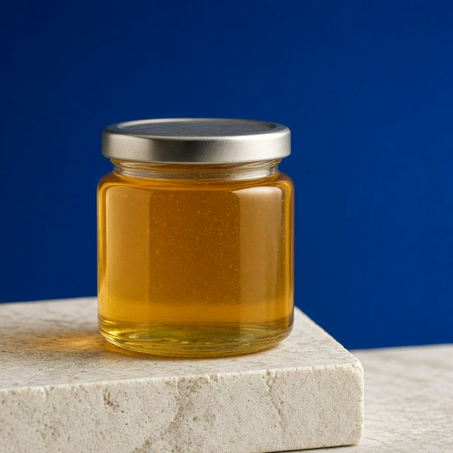 A squat unbranded honey jar with clear glass walls and a plain brushed-aluminum lid rests on honed pale limestone; broad diffused key light and warm rim light shape the commercial product image against a seamless cobalt-blue background, with no lettering. — Model 5