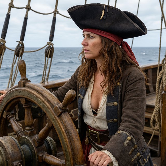 A pirate woman wearing a tricorne hat and an open coat stands behind the helmsman, scanning the horizon for danger. — Qwen Image 3.0 Pro