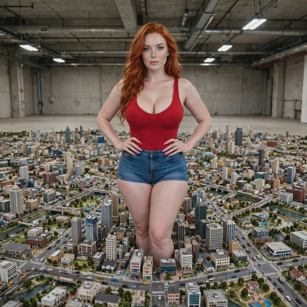 A beautiful adult woman with red hair, pale skin, and blue eyes. She has a slim but curvy body, a very large bust, and thick thighs. She has long pink manicured nails and is wearing a red low-cut singlet and tight denim shorts, along with light makeup. She is standing in a large empty space. A realistic-looking miniature city covers the whole floor, and the woman is standing in the middle of it with her hands on her hips, looking at the viewer. — Muse Image 1.0