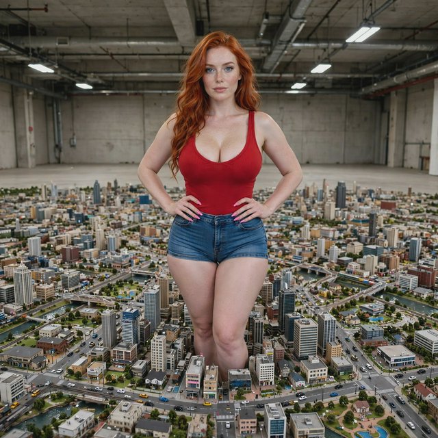 A beautiful adult woman with red hair, pale skin, and blue eyes. She has a slim but curvy body, a very large bust, and thick thighs. She has long pink manicured nails and is wearing a red low-cut singlet and tight denim shorts, along with light makeup. She is standing in a large empty space. A realistic-looking miniature city covers the whole floor, and the woman is standing in the middle of it with her hands on her hips, looking at the viewer. — Muse Image 1.0