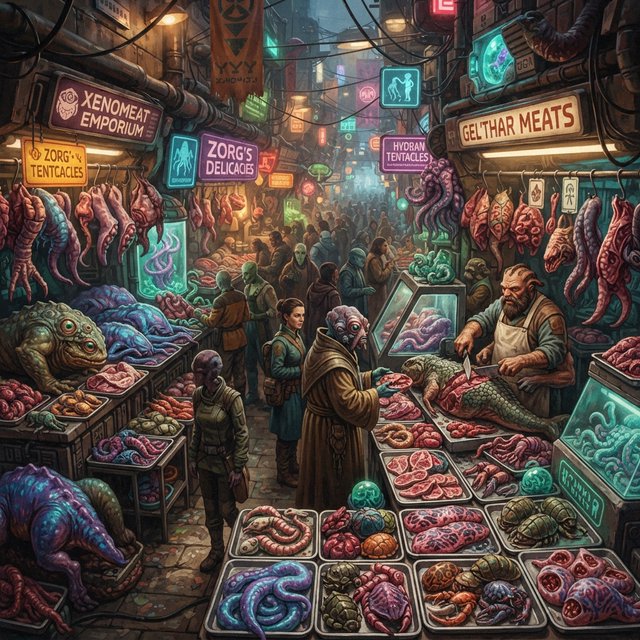 Exotic alien meat market with every possible meat imaginable on sale! — Nano Banana 2 Lite