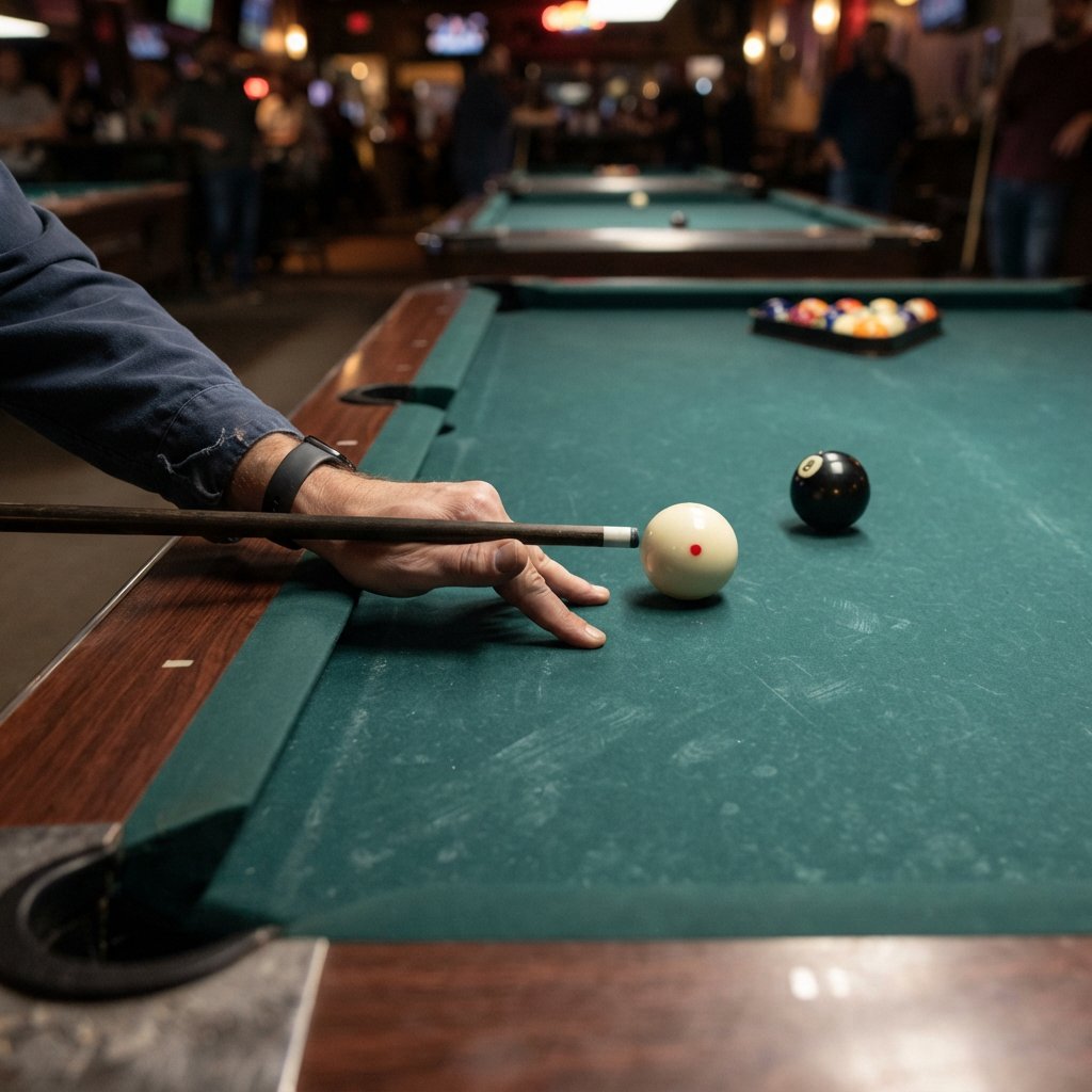 First-person perspective of an adult pool player’s left hand holding the cue, aiming the white cue ball at the black 8-ball and intending to pocket it in the center pocket. — Nano Banana 2 Lite