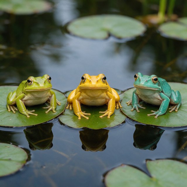 A still pond holds exactly three frogs on separate lily pads: a lime-green frog at the left, a golden-yellow frog in the center, and a turquoise frog at the right. All face forward; nothing else. — Model 20