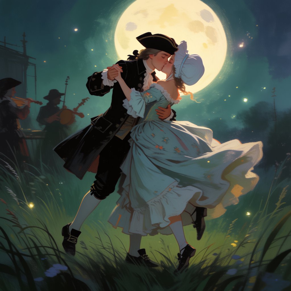 An illustration of a young adult European couple sharing a kiss while dancing in a moonlit meadow, with tall grass, fireflies, musicians playing music, and a huge silver moon overhead. — Krea 2 Medium