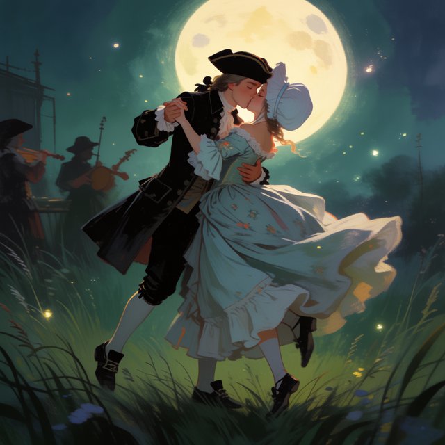 An illustration of a young adult European couple sharing a kiss while dancing in a moonlit meadow, with tall grass, fireflies, musicians playing music, and a huge silver moon overhead. — Krea 2 Medium