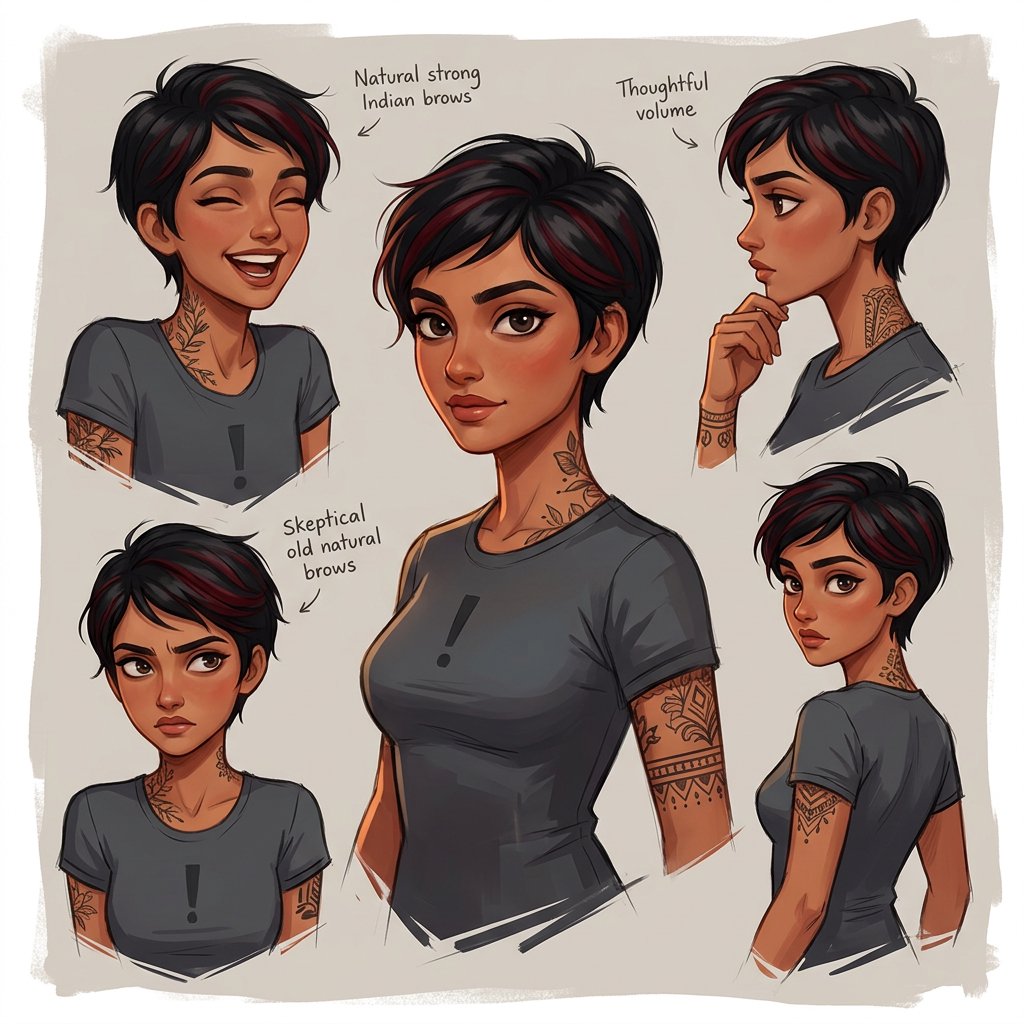 Character exploration sheet of the same 25-year-old Indian woman in several bust and waist-up studies, varied expressions and three-quarter views, one larger central portrait. Warm brown skin, black pixie haircut with red streaks, tattoos, tight T-shirt bearing an exclamation mark (!). Plain warm light-gray background, irregular painted edges. Stylized semi-realistic digital painting with animation-inspired proportions, large expressive eyes, strong brows, simplified anatomy and convincing volume. Minimal linework, soft blended facial shading, broad angular brushstrokes on clothing. Luminous warm brown skin with terracotta undertones, subtle blush, restrained highlights. Hair painted in sculpted masses with broad highlights and fine flyaways. Muted charcoal and earthy neutrals, soft directional studio lighting, detailed eyes and lips, loose edges and unfinished brushwork. — Nano Banana 2.1