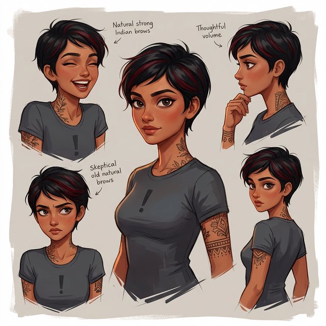 Character exploration sheet of the same 25-year-old Indian woman in several bust and waist-up studies, varied expressions and three-quarter views, one larger central portrait. Warm brown skin, black pixie haircut with red streaks, tattoos, tight T-shirt bearing an exclamation mark (!). Plain warm light-gray background, irregular painted edges. Stylized semi-realistic digital painting with animation-inspired proportions, large expressive eyes, strong brows, simplified anatomy and convincing volume. Minimal linework, soft blended facial shading, broad angular brushstrokes on clothing. Luminous warm brown skin with terracotta undertones, subtle blush, restrained highlights. Hair painted in sculpted masses with broad highlights and fine flyaways. Muted charcoal and earthy neutrals, soft directional studio lighting, detailed eyes and lips, loose edges and unfinished brushwork. — Nano Banana 2.1