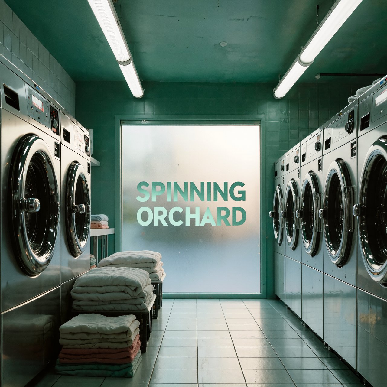 Inside a quiet neighborhood laundromat, chrome machines and folded linen glow beneath cool ceiling lights; "SPINNING ORCHARD" is printed in pale mint letters on the frosted glass entry door. — Kling v3