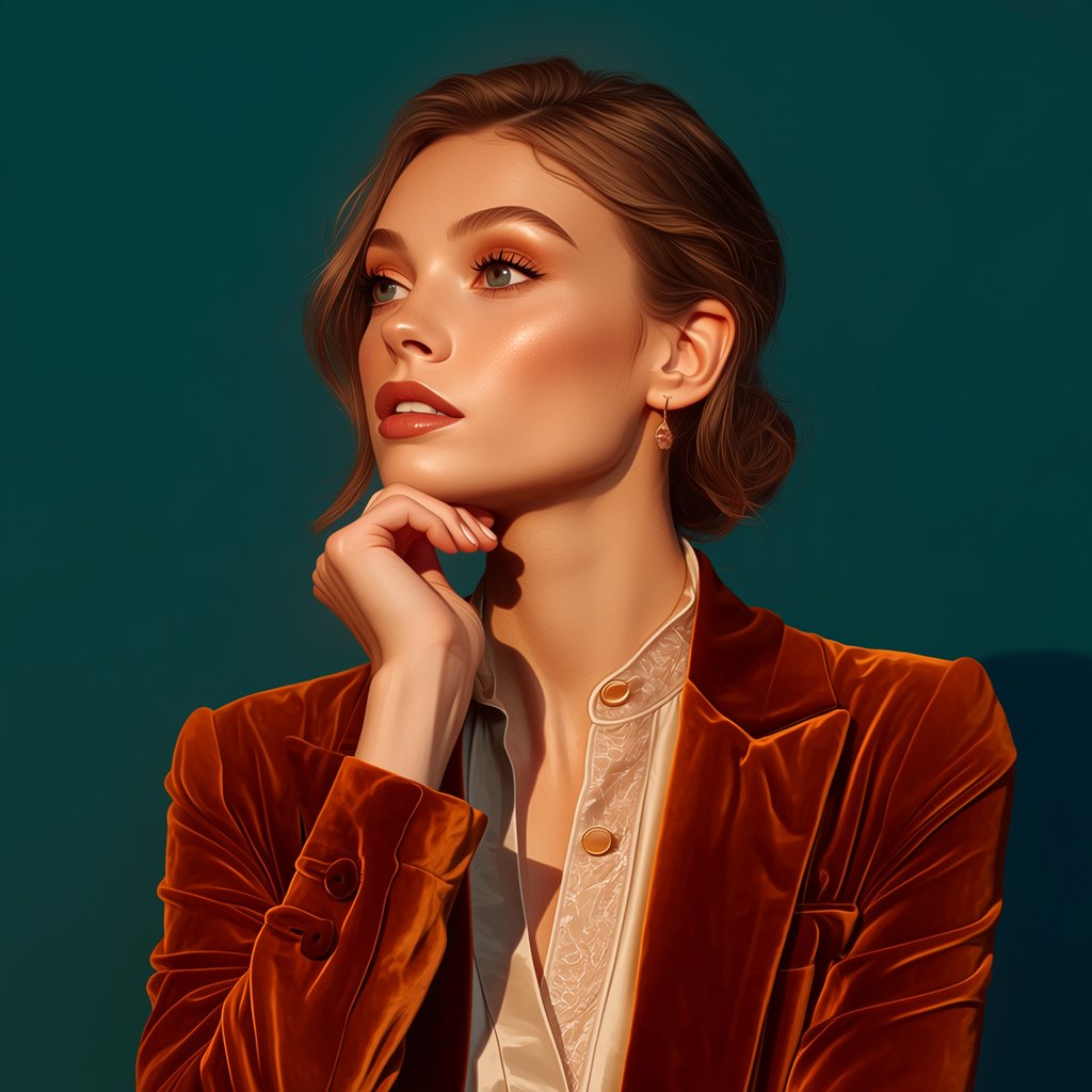 Portrait of an adult woman in her 30s wearing a rust-colored velvet jacket over an ivory blouse, one hand resting beneath her chin, thoughtful expression, deep teal studio backdrop, soft side lighting and gentle cheek highlights. — Midjourney Niji 7