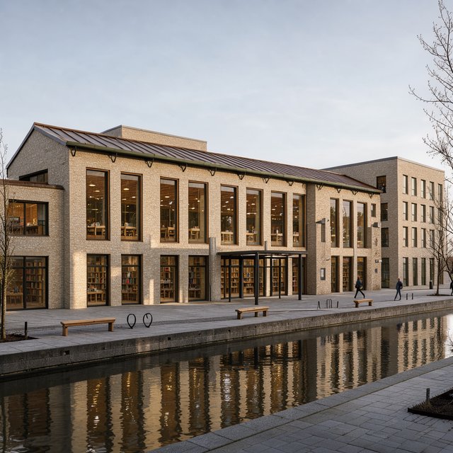 A riverside public library in contemporary Nordic brick architecture combines pale buff brick, oak-framed glazing, and a copper roof; cool morning light grazes its elevations, viewed from across the promenade, with straight lines and credible supports. — Model 2