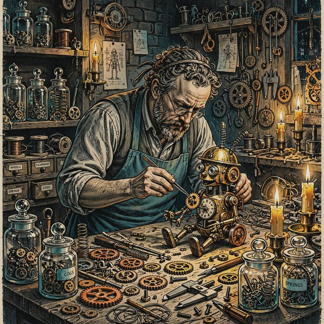 Engraved ink illustration of an adult clockmaker assembling a whimsical brass automaton in a candlelit workshop, with gears, springs, and glass jars surrounding the bench. Palette of charcoal, copper, teal, and honey yellow, with crisp crosshatching and warm shadows. — Muse Image 1.0