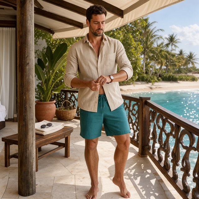 At a sunlit island veranda, an adult man in teal swim shorts and a sand-colored linen shirt is caught fastening his watch, crisp noon light and relaxed tailoring lending fashion-magazine polish. — FLUX 3 Image Klein