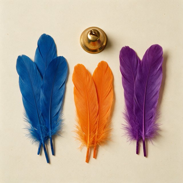 Exactly seven feathers lie on a cream tabletop: three blue on the left, two orange in the center, and two purple on the right. A brass bell sits above the orange pair, nothing else. — Seedream 5.0 Pro