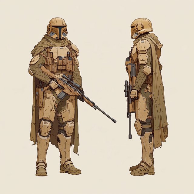 Character design sheet of a desert ranger in layered sand-coloured armour with a long rifle, front and side view, neutral background. — Midjourney Niji 7