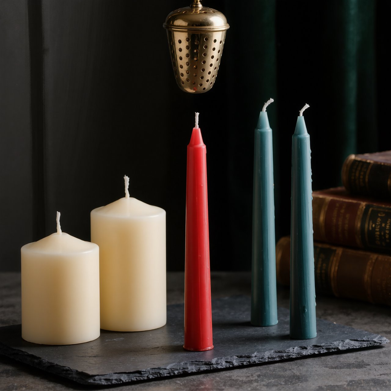 Exactly five candles stand on a dark slate tabletop: two ivory candles on the left, one red candle in the center, and two teal candles on the right. A brass snuffer sits above the red candle, nothing else. — Kling v3 Omni