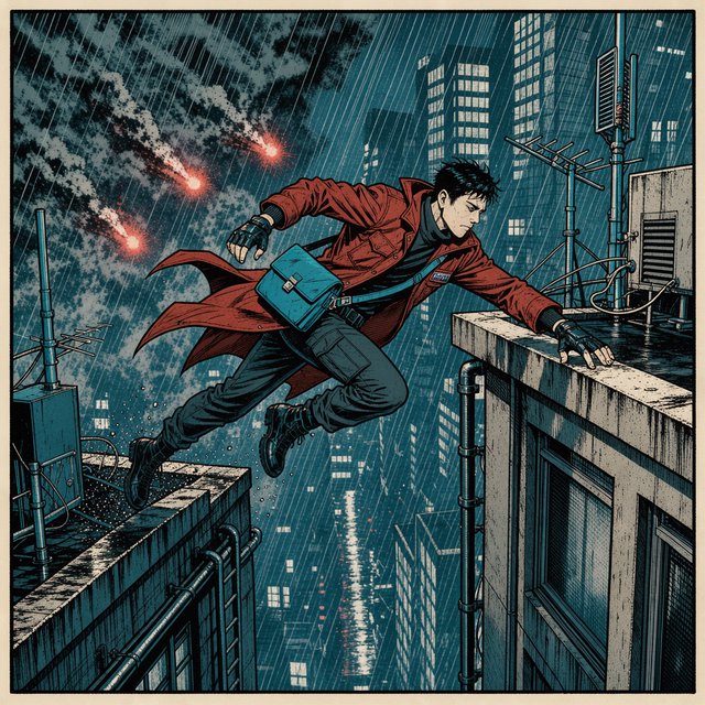 An adult rooftop courier vaults between rain-dark towers, coat snapping as signal flares streak behind; bold ink comic-panel illustration with dense halftone shadows, palette of electric cyan, vermilion, charcoal, and cream, no speech bubbles. — FLUX 3 Image