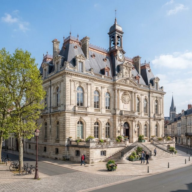 Exterior of a French Second Empire town hall with pale limestone, a dark mansard roof, copper cresting, and tall arched windows; clear spring light falls across the entrance terrace, viewed from the quiet street corner, precise lines and believable construction. — Nano Banana 2 Lite
