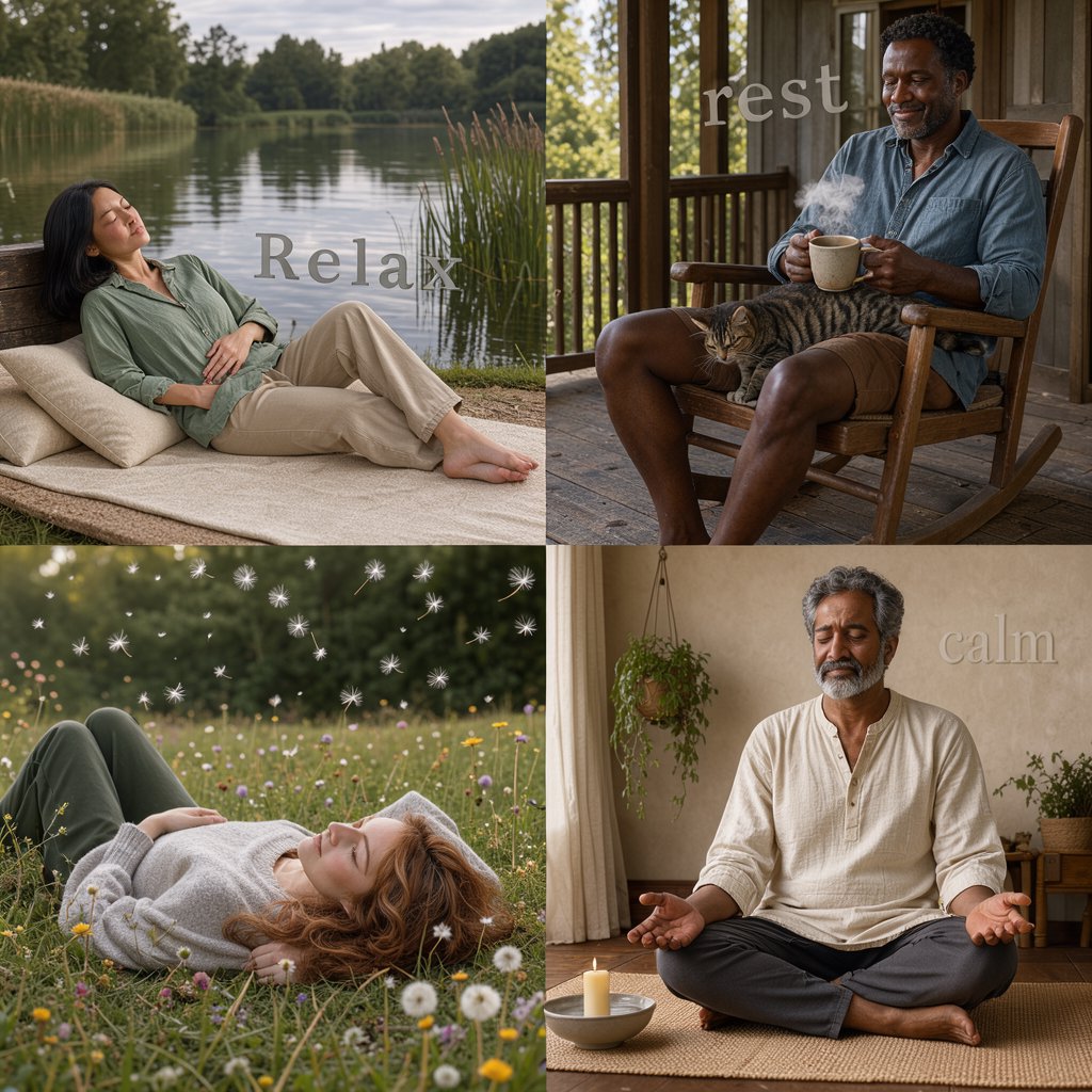 An image representing the word and concept of “Relaxing.” There are at least 4 moments that represent this. The word “Relax” and another word representing it are hidden naturally in the background. — FLUX 3 Image Klein