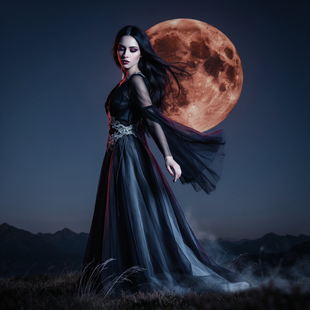 Captivating gothic goddess silhouetted against a blood red moon. Long dark hair blowing in a gentle breeze. Dramatic make-up. Ethereal black garment with silver details billowing in the breeze. Pensive expression. — Ideogram v4