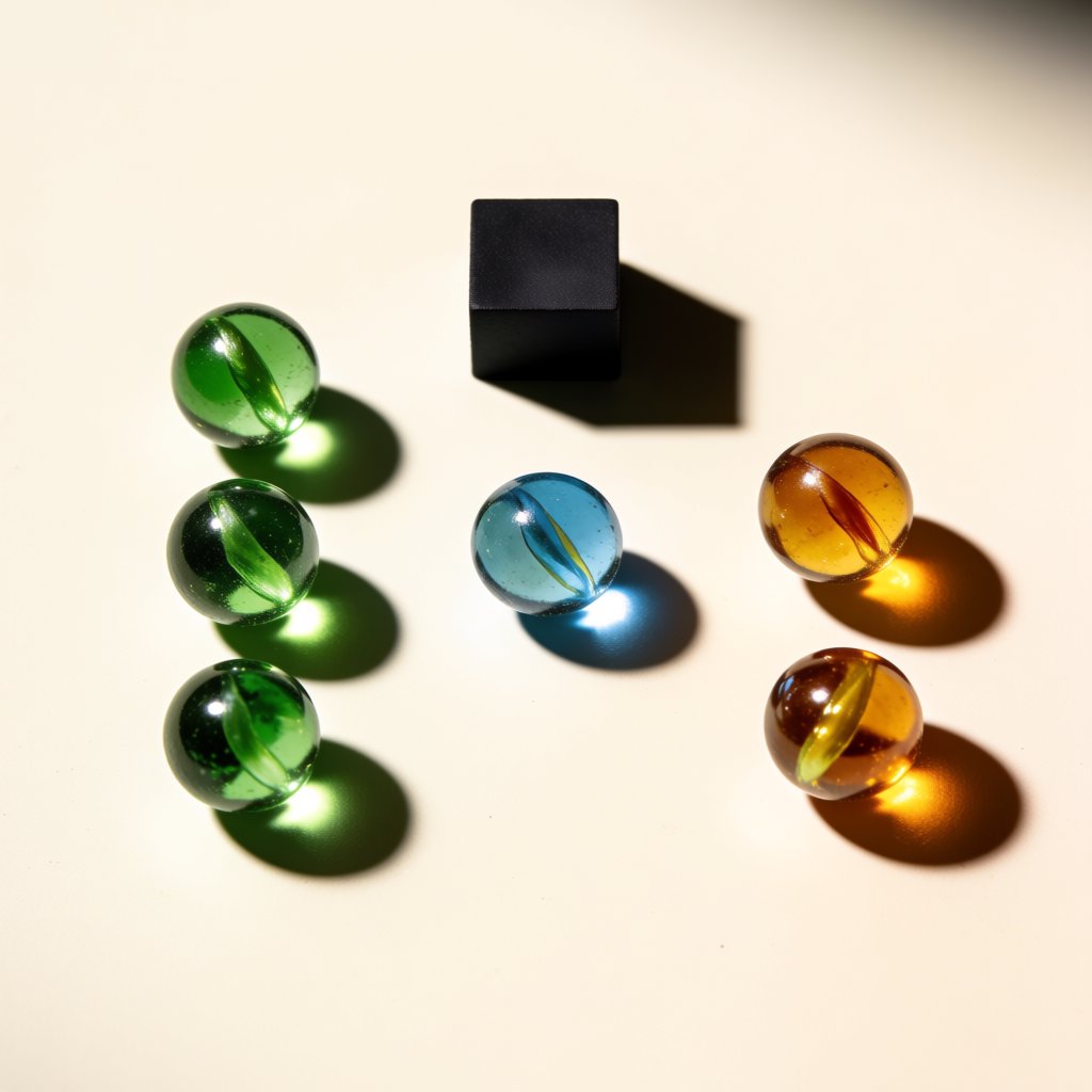 Exactly six glass marbles sit on a cream tabletop: three green marbles in a row on the left, two amber marbles in a row on the right, and one blue marble centered between the rows. A black cube sits above the blue marble, nothing else. — Krea 2 Medium