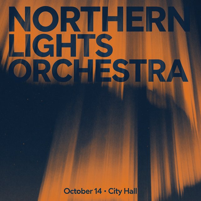 A minimalist concert poster with the words "NORTHERN LIGHTS ORCHESTRA" large at the top and "October 14 · City Hall" small at the bottom, two-colour print. — Krea 2 Medium