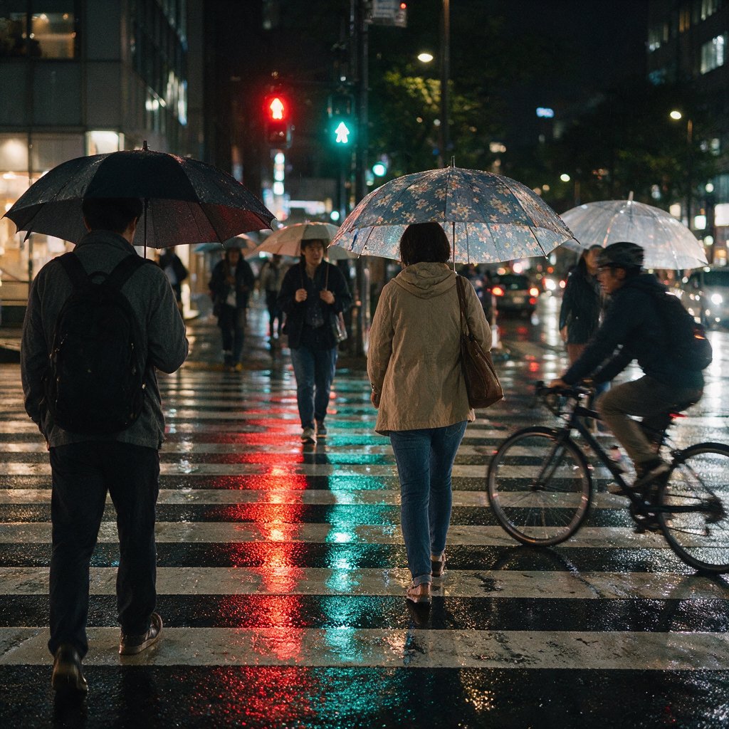 A rain-soaked city crosswalk at night seen from across the street, umbrellas, reflections of traffic lights on wet asphalt, slight motion blur on a passing cyclist. — Seedream 5.0 Pro