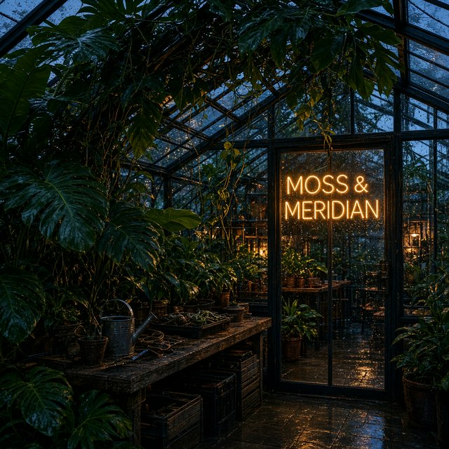 Inside a rooftop greenhouse at blue hour, tropical leaves crowd iron beams above a quiet potting bench; "MOSS & MERIDIAN" glows in warm amber neon along the glass entrance, with rain beads catching the light. — Grok Imagine Image 2