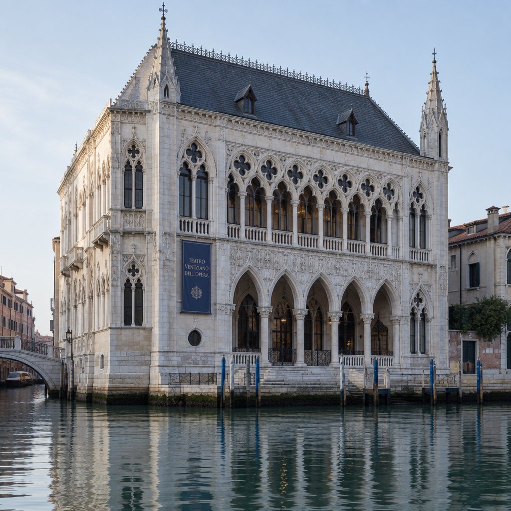 Exterior of a Venetian Gothic opera house beside a quiet canal, pale Istrian limestone, pointed arches, quatrefoil tracery, and a steep slate roof; cool morning light, viewed from across the water, crisp masonry lines and believable structure. — GPT Image 2.5 Flare