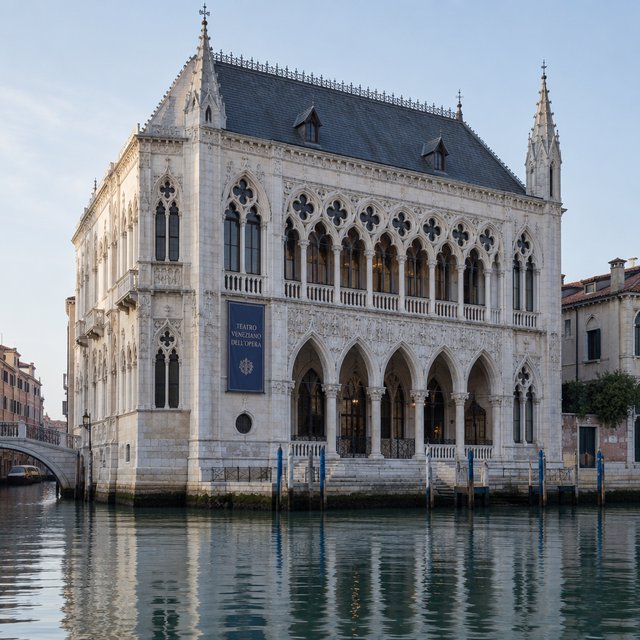 Exterior of a Venetian Gothic opera house beside a quiet canal, pale Istrian limestone, pointed arches, quatrefoil tracery, and a steep slate roof; cool morning light, viewed from across the water, crisp masonry lines and believable structure. — GPT Image 2.5 Flare
