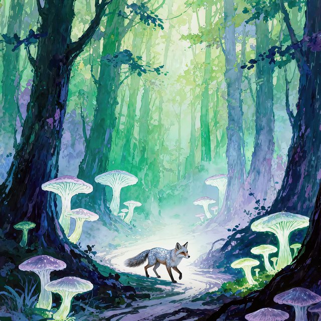 A solitary fox with fur like molten moonlight walks through an ethereal forest. Towering, bioluminescent fungi illuminate the path, casting an otherworldly glow. The style is reminiscent of early 20th-century magical realism, with bold, gestural brushstrokes akin to abstract expressionism, and a watercolor-like diffusion of light. — Model 9