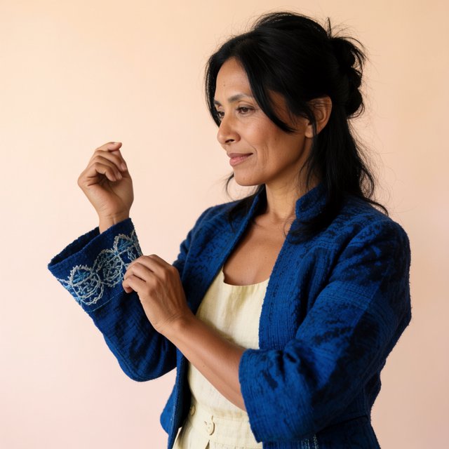 Fashion portrait of an adult Latina woman in her late 20s wearing a handwoven cobalt-blue cotton jacket, one hand touching its embroidered cuff, curious half-smile, against a pale peach studio backdrop, soft diffused window light shaping her face. — Krea 2 Medium