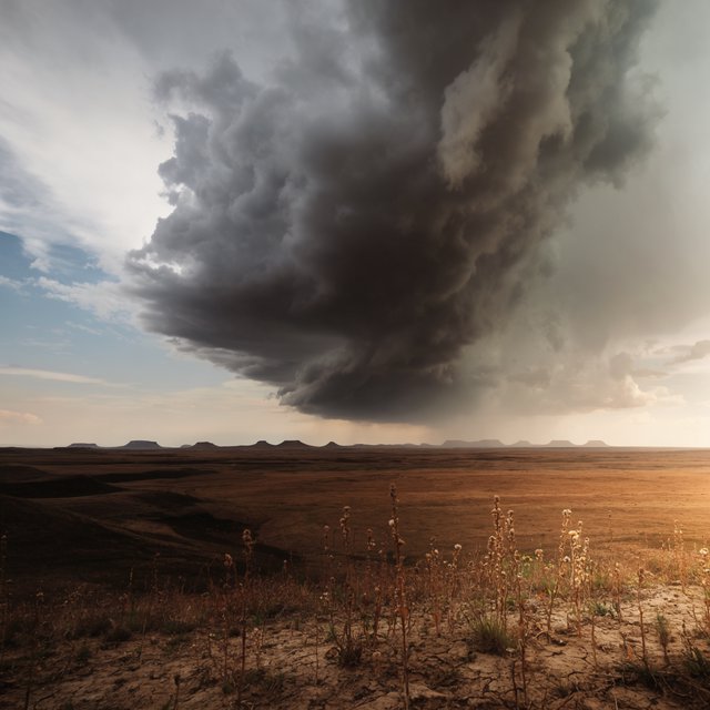 Across a tawny prairie basin, a rotating thunderstorm gathers in the late afternoon beneath bruised clouds, rain veiling distant buttes; seed heads and cracked earth in the foreground contrast with ridges softened by the advancing downpour. — Krea 2 Large