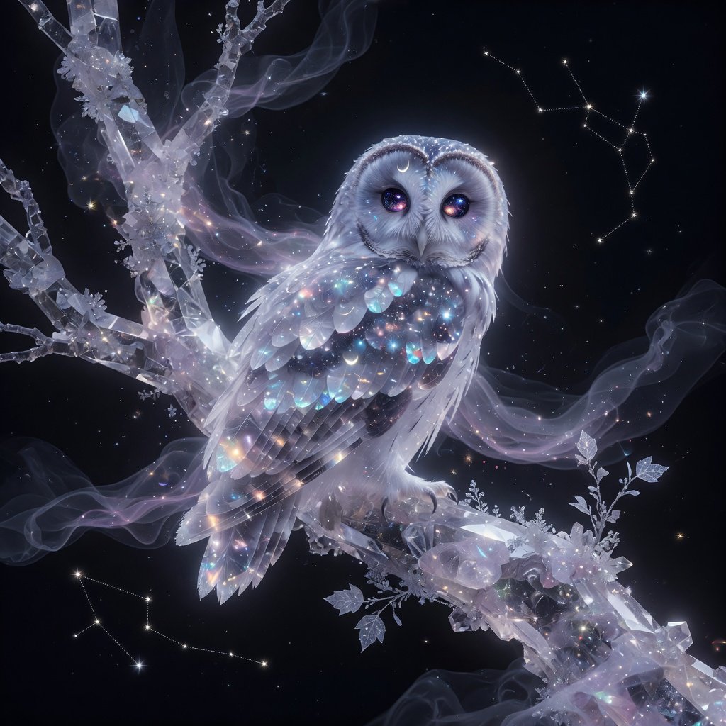 An ethereal owl with feathers made of shimmering moonlight and eyes like miniature galaxies, perched on a branch of a crystalline tree that grows in a void. Wisps of cosmic dust drift around it, and faint constellations are visible in the background. The scene evokes a sense of profound tranquility and celestial mystery. Style: Ethereal, surrealism, with a touch of photorealism. — Grok Imagine Image Quality