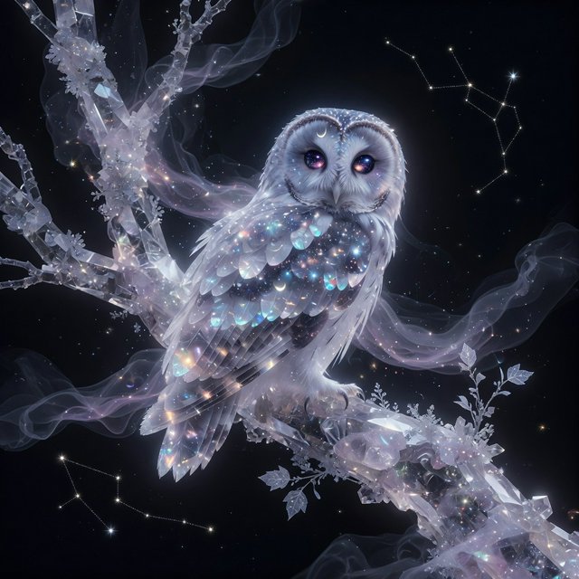 An ethereal owl with feathers made of shimmering moonlight and eyes like miniature galaxies, perched on a branch of a crystalline tree that grows in a void. Wisps of cosmic dust drift around it, and faint constellations are visible in the background. The scene evokes a sense of profound tranquility and celestial mystery. Style: Ethereal, surrealism, with a touch of photorealism. — Grok Imagine Image Quality