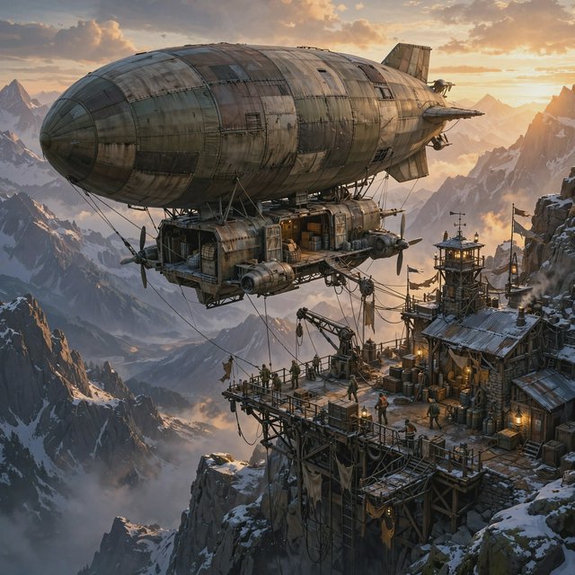 Concept art of a weathered cargo airship docking at a mountaintop station, crew tiny for scale, late afternoon light. — Muse Image 1.0
