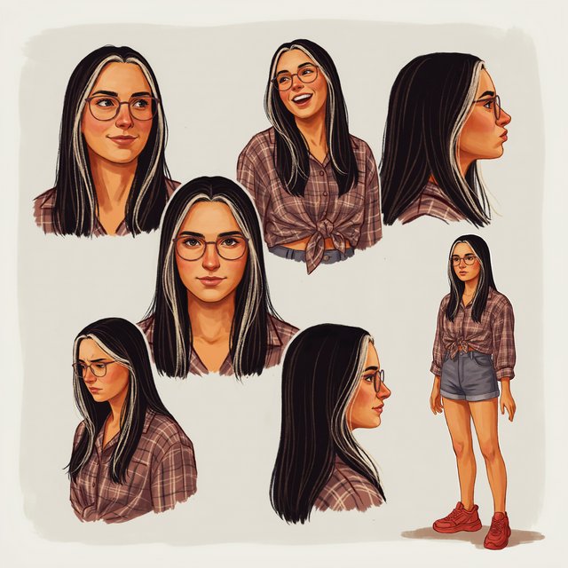 Character exploration sheet of the same woman: several bust and waist-up studies with varied expressions and 3/4 views, including one from behind, glancing over her shoulder at the viewer; one larger central portrait; and one full-length figure at the side, spanning the image height. Plain light-gray background with irregular painted edges. Character: 25-year-old Korean woman with long straight black hair and two platinum face-framing streaks from roots to ends, glasses, tipped almond eyes, Asian skin tone, plaid button-up tied at the waist, cuffed denim shorts, chunky red sneakers. Style: stylized semi-realistic digital painting; animation-inspired proportions, large eyes, strong brows, simplified but solid anatomy, painterly shape-based rendering, minimal linework, soft facial shading, angular clothing brushwork, warm luminous skin with peach/terracotta undertones and rosy cheeks/nose, sculpted hair, muted charcoal/earth palette, soft studio light, loose unfinished edges. — Model 8