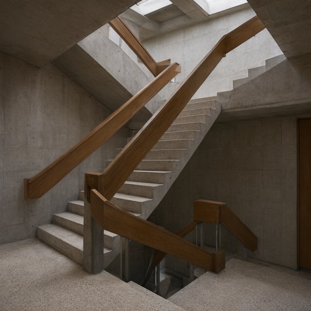 At the heart of a restrained Brutalist museum, a folded concrete stair rises beside smoked-oak handrails and terrazzo landings; skylight washes the treads, seen from the lower landing, with aligned flights and believable supports. — Qwen Image 3.0 Pro