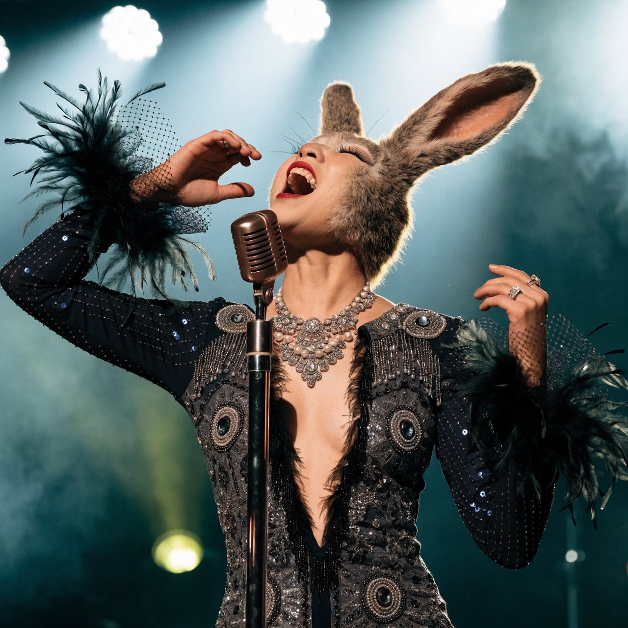 Anthropomorphic rabbit-human hybrid. No human ears visible; the areas where ears would normally be are covered by rabbit fur. A pulchritudinous East Asian 32-year-old wearing a luxurious flapper dress with a deep V split down the center, standing on stage behind a luxurious retro microphone, singing her heart out into it. Taken with a professional DSLR camera and a 35mm lens. Background bokeh, stage lights with a bloom effect. — Recraft v4 Pro