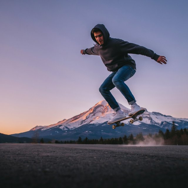 A man wearing a hoodie, jeans, and sneakers rides a skateboard that has taken off the ground. A low angle shows the man on the skateboard up in the air at high speed, with a snow-capped peak in the background beneath a setting sun in the evening sky. — Ideogram v4