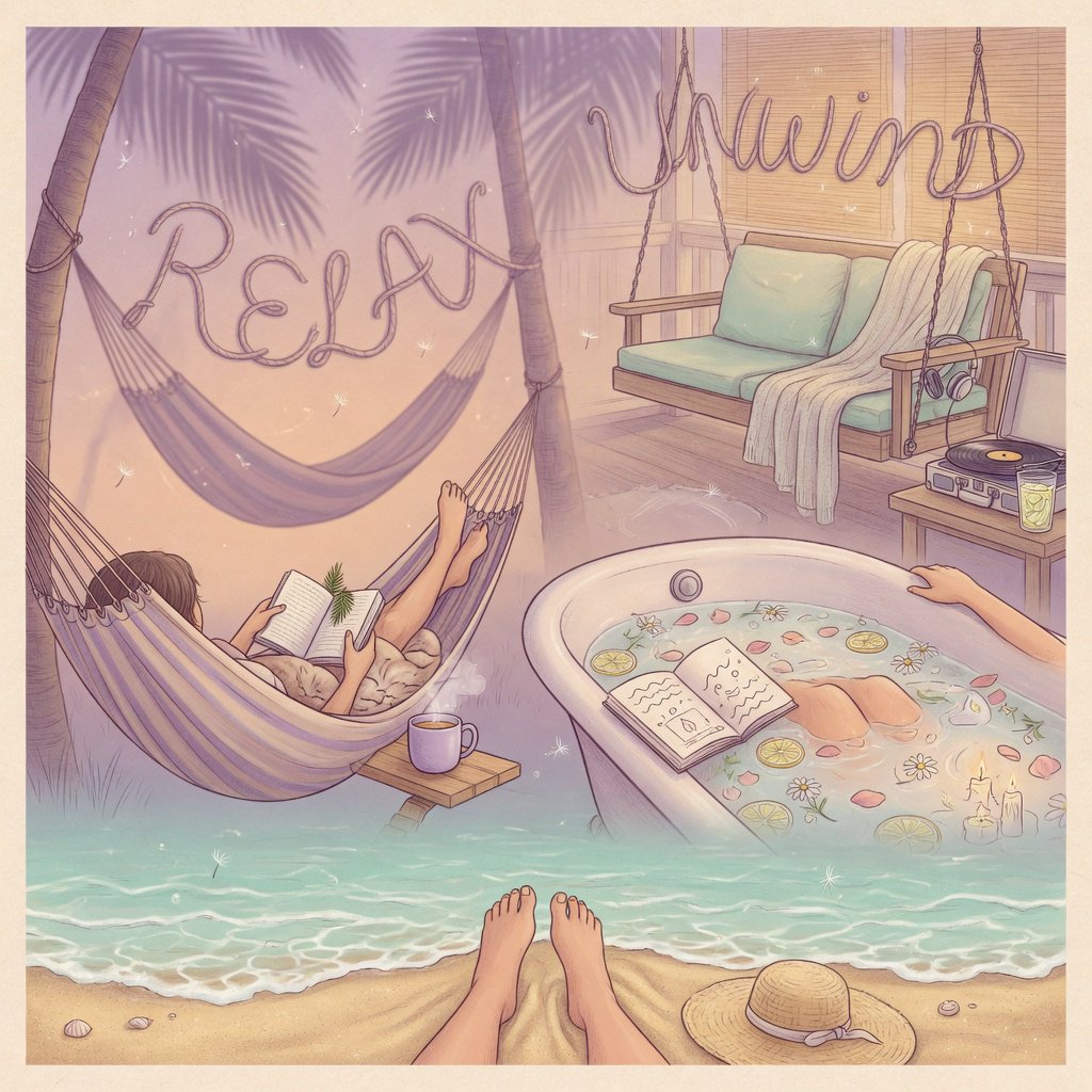 An image representing the word and concept of “Relaxing.” There are at least 4 moments that represent this. The word “Relax” and another word representing it are hidden naturally in the background. — Grok Imagine Image Quality